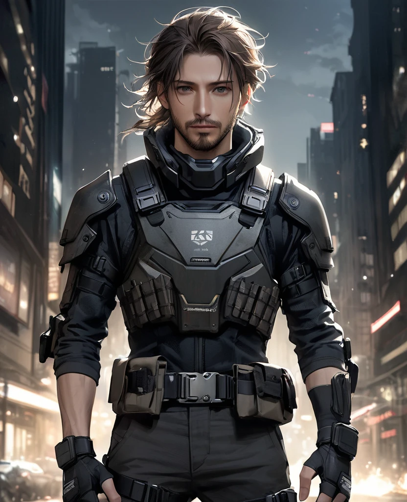 masterpiece, best quality, realistic, 1man, quiet young man, 21 years old, background: city at night, shoulder length hair, dark brown hair, skinny, full stubble facial hair, medium hair, unkempt appearence, messy hair, masculine features, toned but thin, stubble facial hair, looking worn down, caucasion, white boy, facial hair, stubble, beard stubble, not muscular, swat kevlar armor, Post-apocalypse, doomsday wasteland style, fingerless gloves, gloves, belt, full body, armor, standing, simple background, science fiction, clean