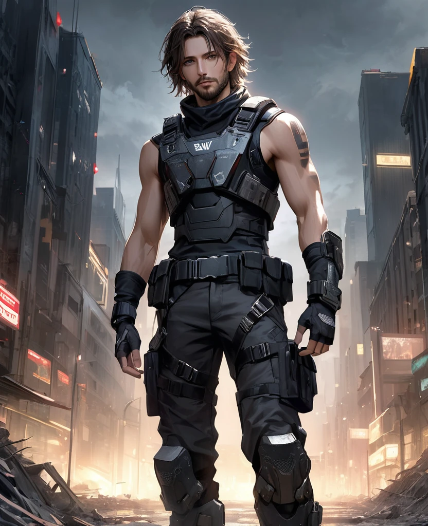 masterpiece, best quality, realistic, 1man, quiet young man, 21 years old, background: city at night, shoulder length hair, dark brown hair, skinny, full stubble facial hair, medium hair, unkempt appearence, messy hair, masculine features, toned but thin, stubble facial hair, looking worn down, caucasion, white boy, facial hair, stubble, beard stubble, not muscular, swat kevlar armor, Post-apocalypse, doomsday wasteland style, fingerless gloves, gloves, belt, full body, armor, standing, simple background, science fiction, clean