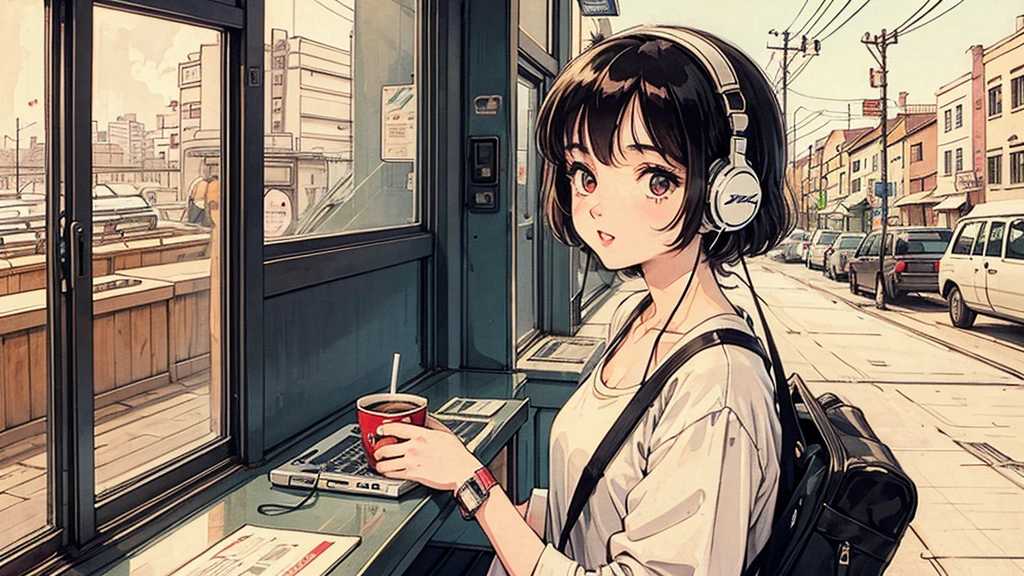 1 girl, 80s anime style, I have headphones on, coffee, Retro, Lo-Fi