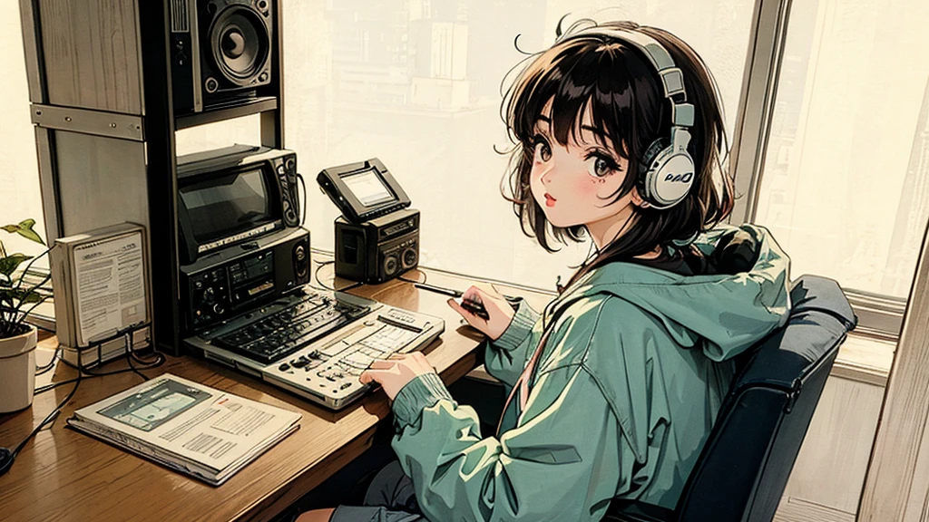 1 girl, 80s anime style, I have headphones on, coffee, Retro, Lo-Fi