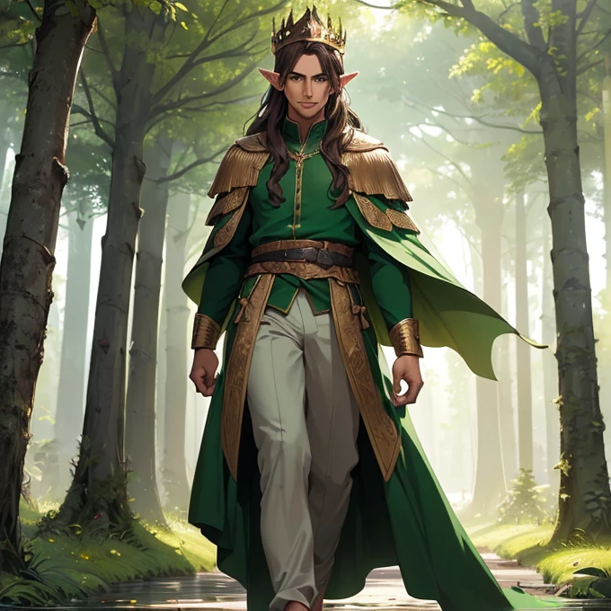 (absurdres, best high quality image, carefuly detailed features and textures, very detailed image, solo character alone, full character front view): {{(1.000 years old male mature beautiful brown haired elf king), (tall and muscular, dark brown long hair, green eyes with black pupils, pointy elf ears, dark tanned skin, handsome beautiful male, sexy masculinity), (green tunic, golden cloak, wooden crown with green leafs, grey pants, barefoot), (smile, relaxed face, calm expression, walking through the fores at afternoon), (beautiful forest of elves and green nature, green trees, blue flowers, silver lakes of water)}}