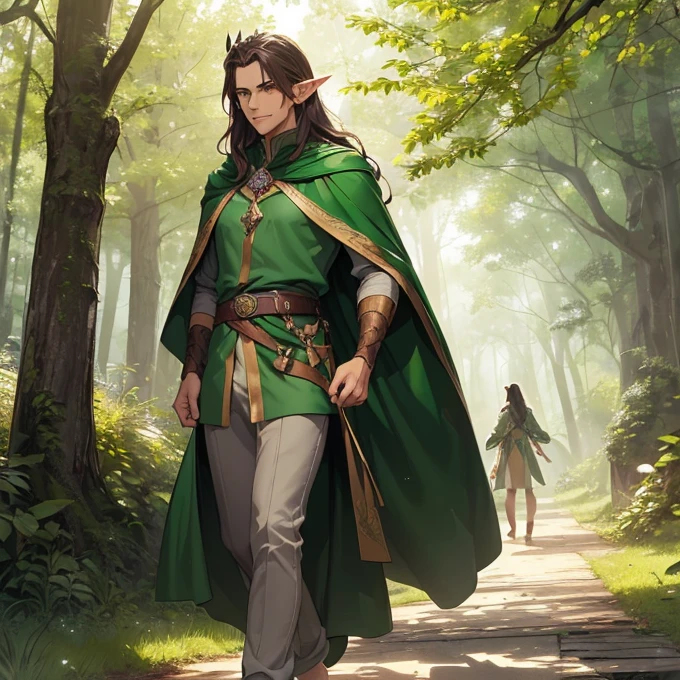 (absurdres, best high quality image, carefuly detailed features and textures, very detailed image, solo character alone, full character front view): {{(1.000 years old male mature beautiful brown haired elf king), (tall and muscular, dark brown long hair, green eyes with black pupils, pointy elf ears, dark tanned skin, handsome beautiful male, sexy masculinity), (green tunic, golden cloak, wooden crown with green leafs, grey pants, barefoot), (smile, relaxed face, calm expression, walking through the fores at afternoon), (beautiful forest of elves and green nature, green trees, blue flowers, silver lakes of water)}}