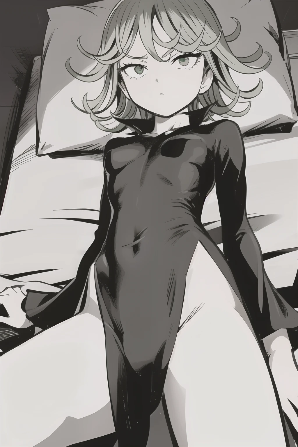  High resolution, Super detailed, Tatsumaki Tornado, Short green hair, Curly Hair, Black Dress, Long sleeve, Outdoor,, Arms crossed, From below,Spread your legs、On the bed、Lying on your back