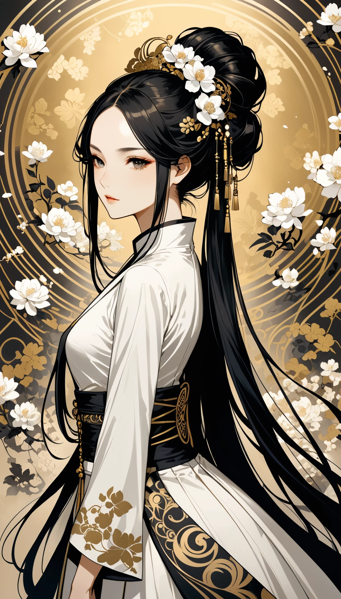 in style of Brad Kunkle
character concept design,1girl,ojou-sama posture,multi-tied hair,incredibly long hair,extreme elegance,extremely detailed
