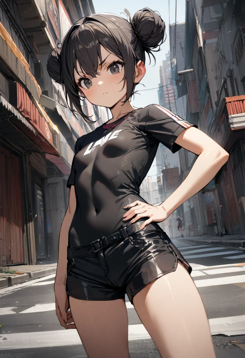 (((1girl))), ((little girl)), whole body, perfect face, small breasts, (short hair), black hair, black eyes,hand on hip,determined, incline one's head, double bun, short shorts, street, masterpiece, best quality, high details, anatomically correct, high quality, best quality, dynamic angle