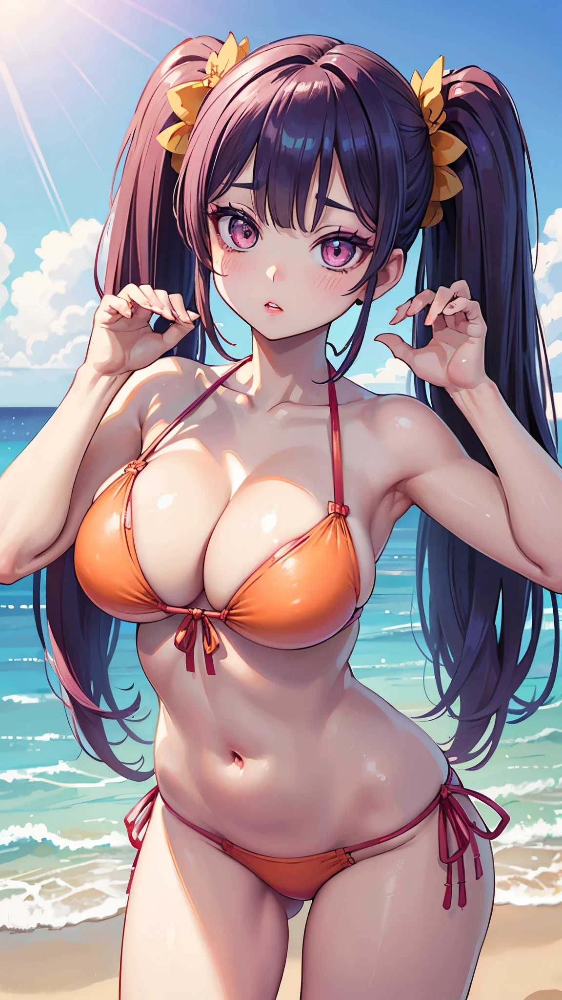 (masterpiece, 最high quality, 超High resolution, Very detailed), (Realistic:1.1, photoRealistic:1.4), Perfect illustration, Perfect lighting,Hair in perfect detail, Perfect and detailed face, Perfect collarbone, Perfect body,Juicy breasts, Perfect Thighs, Beautiful feet, View your viewers, 1 Girl,Perfect Face, (Perfect Anatomy, Anatomically correct), Symmetrical face、((Shiny Hair)),Sexy Body、(masterpiece),(最high quality:1.3),8k,Very clear,(Ultra-realistic),,Captivating woman,(high quality, High resolution, Fine details), Realisticなスタイルの女性,Juicy breasts、One perfect woman、Perfect Face、Symmetrical face、、((Large Breasts))、Cleavage、blush、((Juicy lips))、Cowboy Shot、((Bright pink twin tails))、((Big pink double eyelids、Long eyelashes))、((Red makeup))、(((Pale orange bikini)))、(Dazzling Sun、Beach、Distant horizon)
