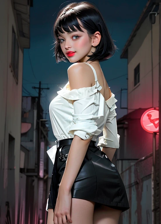 ((masterpiece))), (((top quality))), (((Super detailed))), back poses, A woman, (((very thin body))), 18 years,(immensely large breasts,narrow waist and thick legs) (((short black bob, thick and puffy bangs))), no cosmetics, small and thin nose, big mouth with full lips, (((very focused eyes))), bright dark blue eyes, long eyelashes, Off Shoulder Backless Lace and Bow Cropped Blouse , Cropped mini skirt with lace and bows, Excessively worked fashion with shiny fabrics,contrasting and striking)), (((It is night and the image of the buildings fades into the background with a blurry image and soft neon lights.))), (((The overall accuracy is dramatic and the atmosphere is Super detailed and realistic))),great smile showing nice big white teeth,She lifts her skirt and shows her beautiful buttocks,