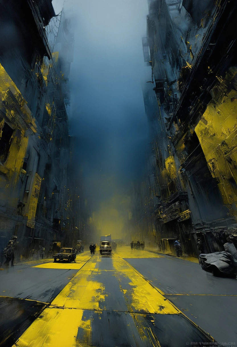 Face fitting full the canvas composed by a crazy dream on wastelands, high tech ornaments composing a city inside, dark deep grey and black blue and golden yellow, 4D, 8K, photorealistic, dreamlike, big and complex composition storytelling, masterpiece, artwork by Bernie Wrightson, artwork by Jeremy Mann, Surrealism, Impressionism