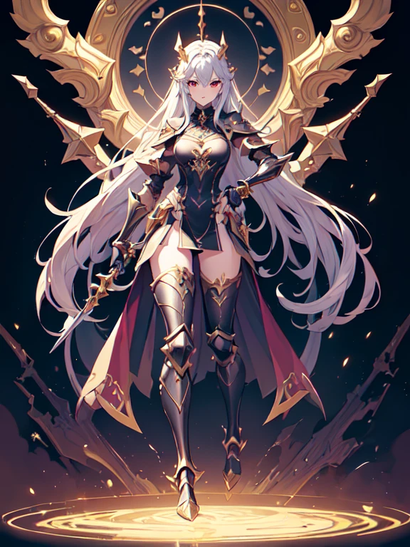 (((masterpiece, best quality, 8k))) Design a layout showcase Gaming character, (1girl),((perfect face, high detailed face)). Golden+Purple clothes, stylish and unique, ((showcase weapon:1.4)), magic staff, (masterpiece:1.2), (best quality), 4k, ultra-detailed, (Step by step design, layout art:1.5), (luminous lighting, atmospheric lighting), magican, ((glove full hands)), (((revealing clothes:1.3))), vambraces, armored legwear, (((full_body_shot:1.4)))