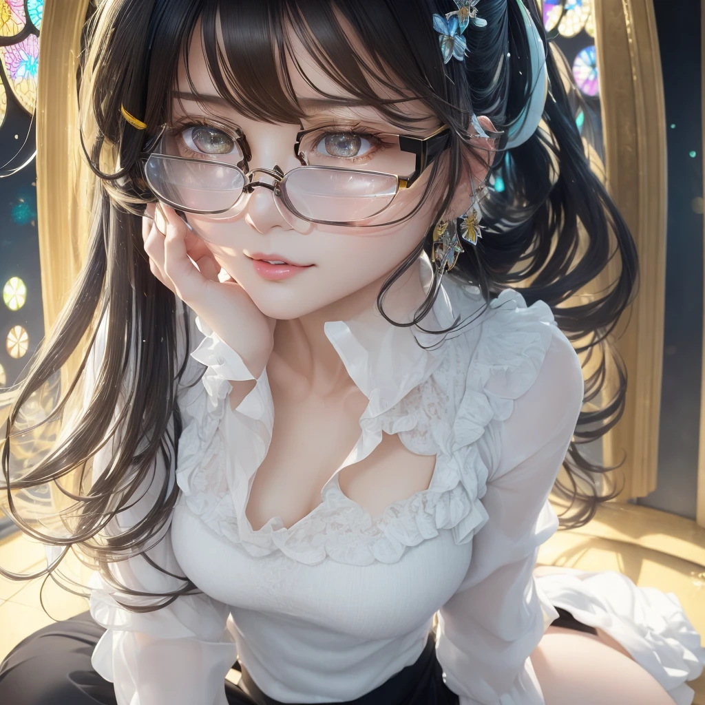 best quality, 32k, RAW photo, incredibly absurdres, extremely detailed, delicate texture, quiet and beautiful woman wearing glasses, amorous and lewd expression, wearing white blouse, gray skirt, superlative body proportion, put your hand between your legs, iridescent pastel colour, (wind:1.2), background fine stained glass kaleidoscope with a retro feel, Glasses. Her hair is long with yellow and black highlights,wear glasses,black and yellow hair
