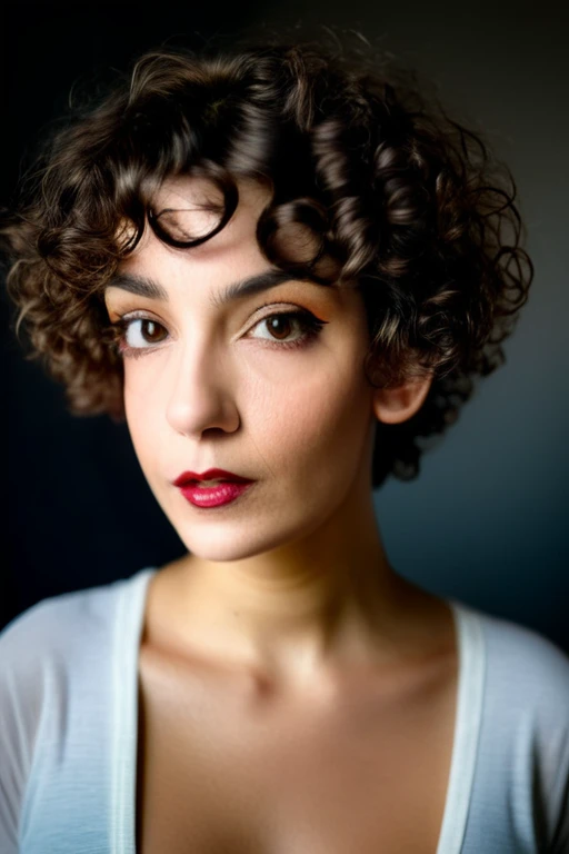 Beautiful young 22 yrs woman, (close-up, editorial portrait photograph), [[wide angle photo]], (background inside dark, moody, private study:1.3), full body portrait, by lee jeffries, nikon d850, film stock photograph, 4 kodak portra 400, camera f1.6 lens, rich colors, hyper realistic, lifelike texture, dramatic lighting, cinestill 800, curly short hair, up face with 1 9 2 0 s hairstyle, short curly hair, french bob, curly pixie cut hair, curly pixie hair, short black curly hair, very short curly hair, curly right part haircut, curly bangs, short french bob, soft makeup, Dark Hazel eyes, Eye contact
