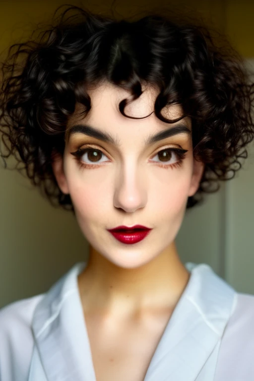 Beautiful young 22 yrs woman, (close-up, editorial portrait photograph), [[wide angle photo]], (background inside dark, moody, private study:1.3), full body portrait, by lee jeffries, nikon d850, film stock photograph, 4 kodak portra 400, camera f1.6 lens, rich colors, hyper realistic, lifelike texture, dramatic lighting, cinestill 800, curly short hair, up face with 1 9 2 0 s hairstyle, short curly hair, french bob, curly pixie cut hair, curly pixie hair, short black curly hair, very short curly hair, curly right part haircut, curly bangs, short french bob, soft makeup, Dark Hazel eyes, Eye contact
