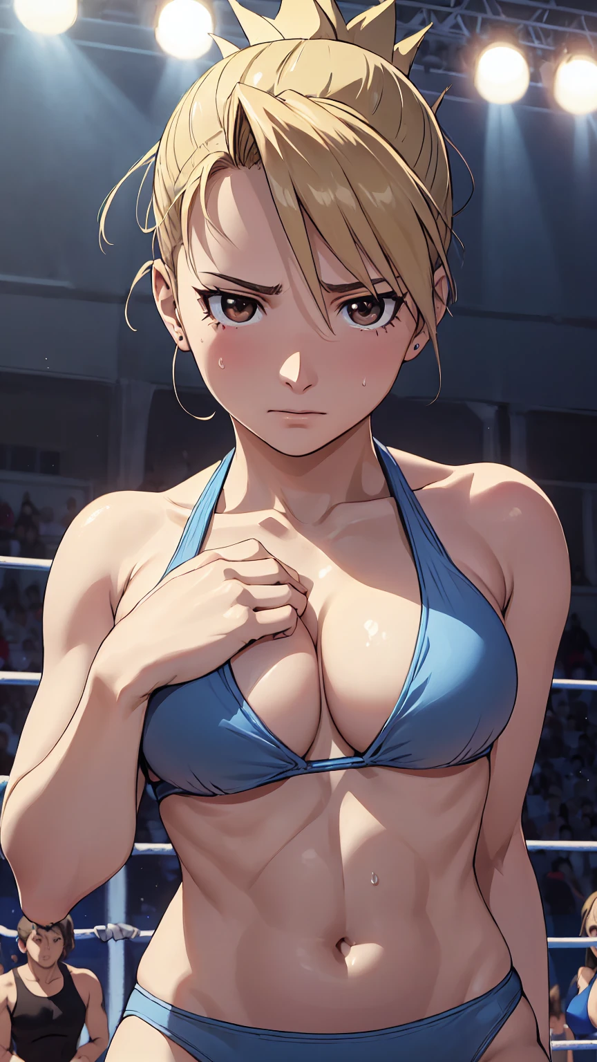 masterpiece, Highest quality, High resolution, One Girl, Hamriz, ponytail, Brown eyes,big , マイクロbikini、Cowboy Shot、Muscular body、blush、Sweat、Composition from the front、anime、(((Light blue bikini、Stand in front、audience、Shaking breasts、 fully exposed、Facing forward)))、((Wrestling Arena)), (Female wrestler), (Slender body, 発Sweat, tired), Mature Woman, Mature Woman, (bikini, Very detailed wrestling equipment)
