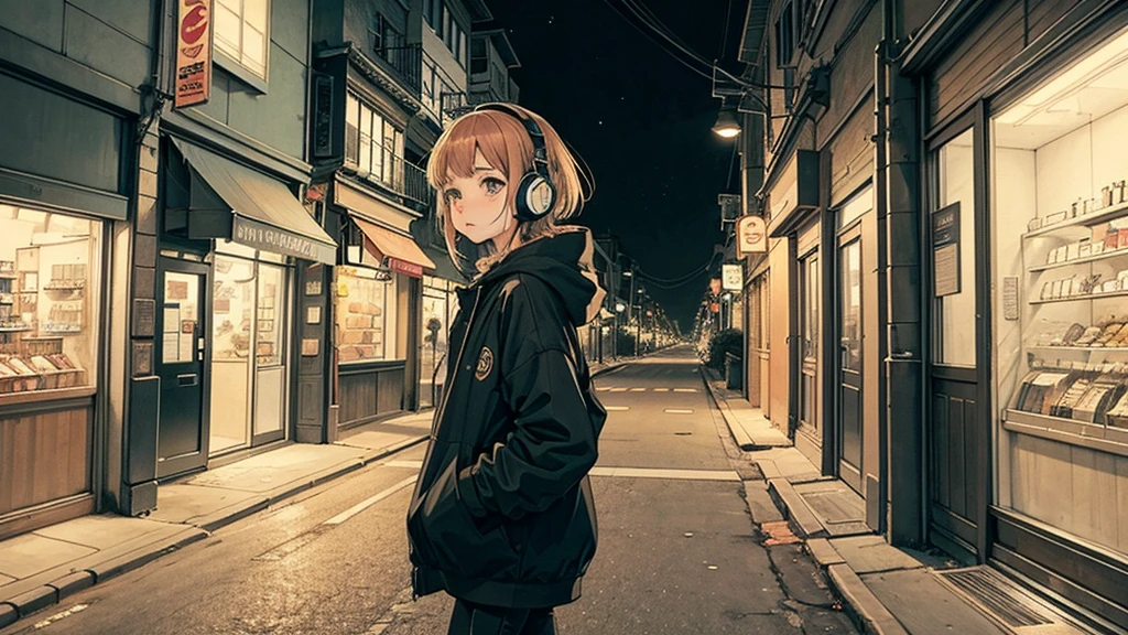 1 girl, 90s anime style, I have headphones on, Walking in the city at night, Chill, Emotional, Lo-Fi