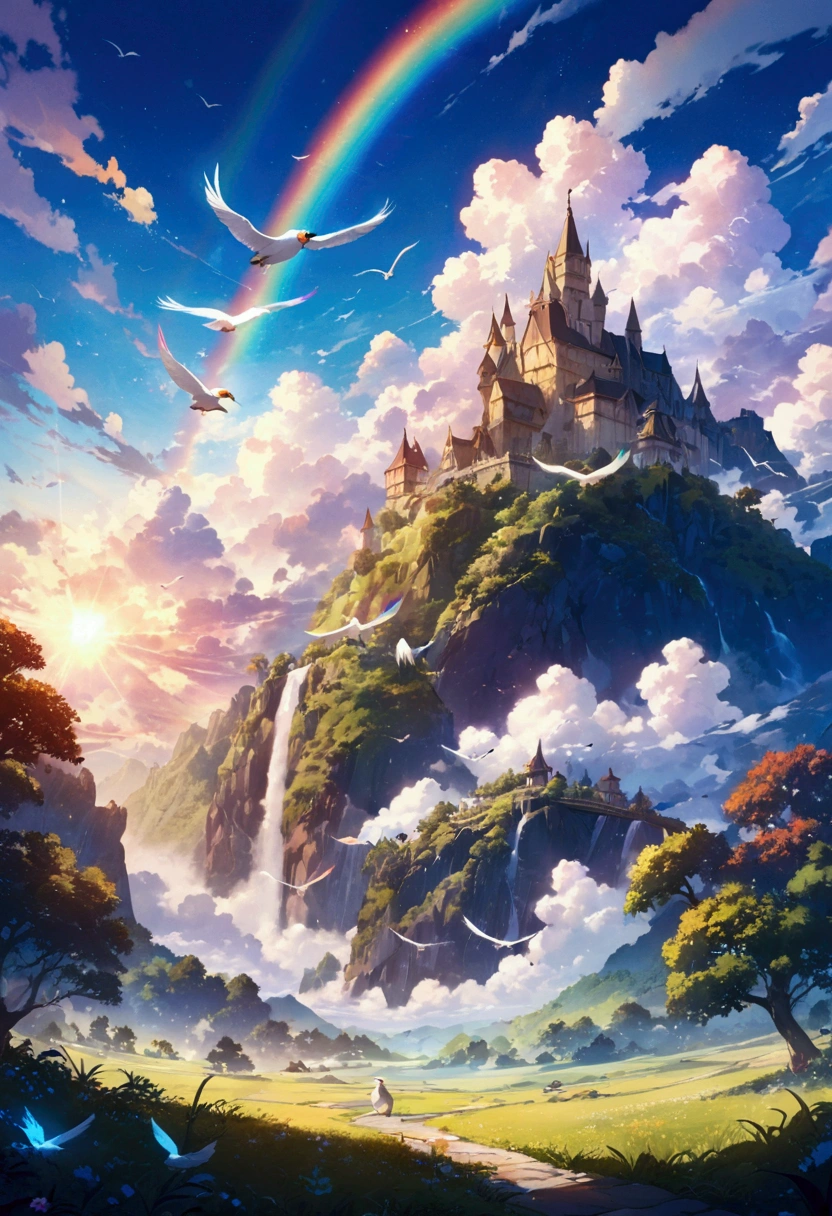 anime, anime digital art, Flat Design, (Masterpiece: 1.2), high quality, high resolution, very detailed, (incredibly absurd: 1.2), Rest, bird with rainbow feathers, dragon with its big wings colorful background, beautiful light effects, fantastic views there are kingdoms