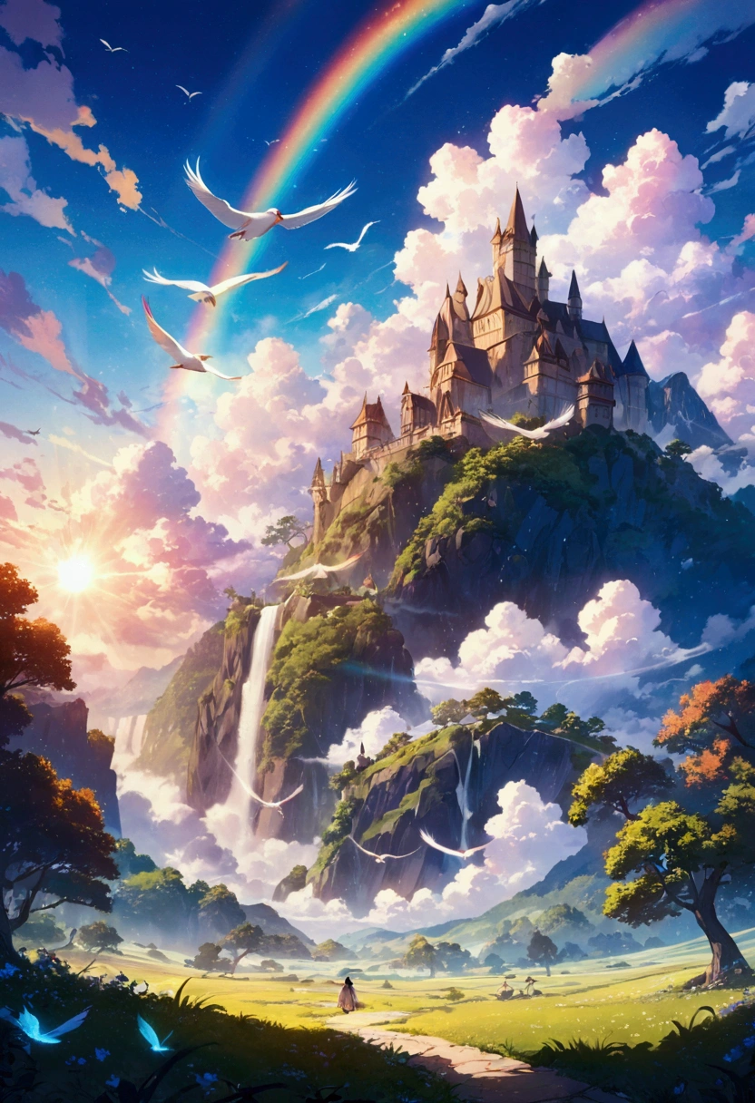 anime, anime digital art, Flat Design, (Masterpiece: 1.2), high quality, high resolution, very detailed, (incredibly absurd: 1.2), Rest, bird with rainbow feathers, dragon with its big wings colorful background, beautiful light effects, fantastic views there are kingdoms