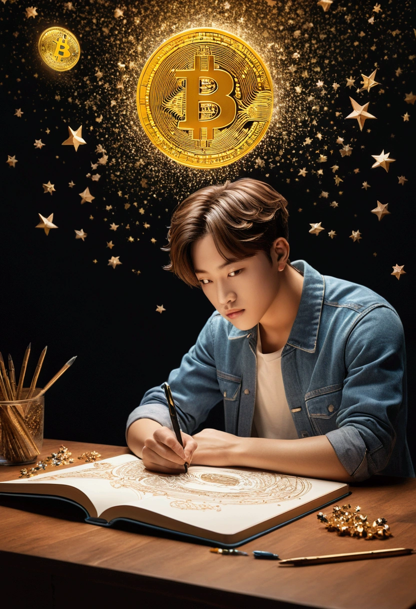 A mesmerizing, hyper-realistic 16K 3D illustration captures a magical moment of pure creativity. A talented artist masterfully sketches a heartfelt message, "Bitcoin– Jin – Rm – Suga – Jhope – Jimin – V – Jungkook. ", in a notebook. O texto é composto por Vibrantse, sepia colored stars that transition smoothly across the spectrum. The artist&#39;s hand, holding a transparent pen filled with radiant stars, It is exquisitely detailed., symbolizing limitless creativity and imagination. The background is a three-dimensional sketchbook scenery spread throughout, adding depth and dimension to this captivating, gamefite-inspired scene. The illustration radiates energy, motion, and Vibrant colors, making it a true work of art that celebrates creativity and imagination., game, cinematic, Vibrant, gamefite, painting-like, Tipogamefia, Products, illustration, photoshot, 3D rendering, lo fashion, fantasia negame