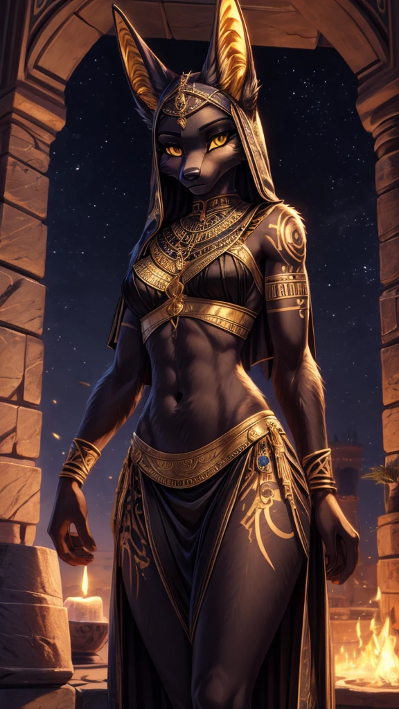 Masterpiece Best quality, the best definition to add aesthetic and lighting details Black girl jackal, egiptian clothes,  girl, ,black body, egipt landscape, golden tattoo body, sensual eyes, yellow pupil 