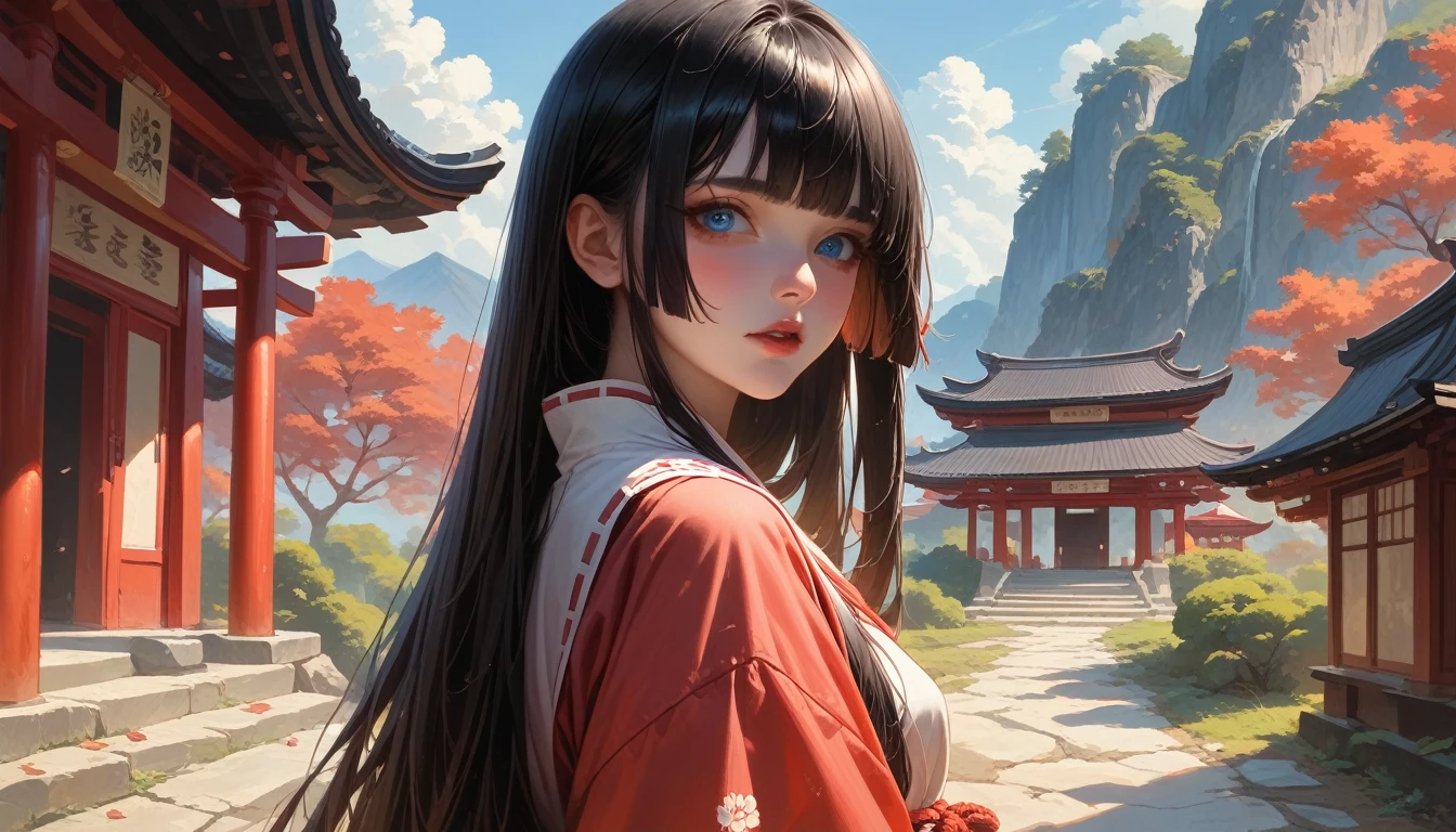 apanese miko clothing black hair hime cut blue eyes at japanese temple shrine