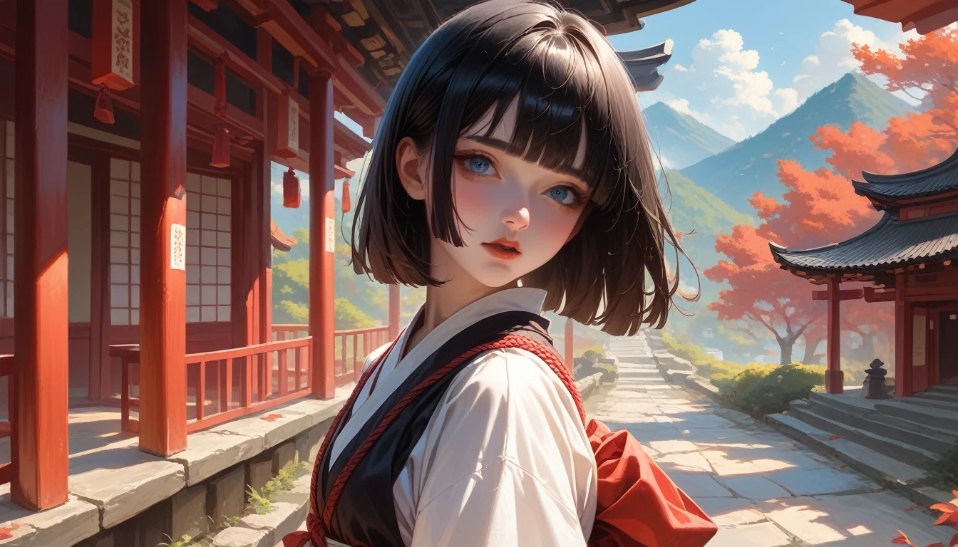 apanese miko clothing black hair hime cut blue eyes at japanese temple shrine