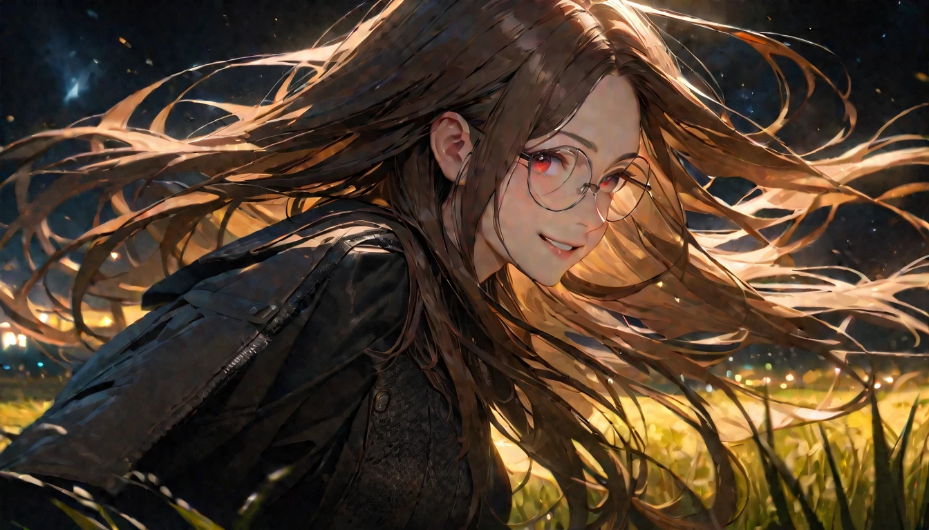 (Super detailed, ultra hd, 8k, best quality, masterpiece, super realistic, realistic light) girl, mecha hand, long hair, straight hair, glazing hair, brown hair, red eye, detailed eye, round eyeglasses, perfect face, standing, smiling, charging (night, field,  smile environment)