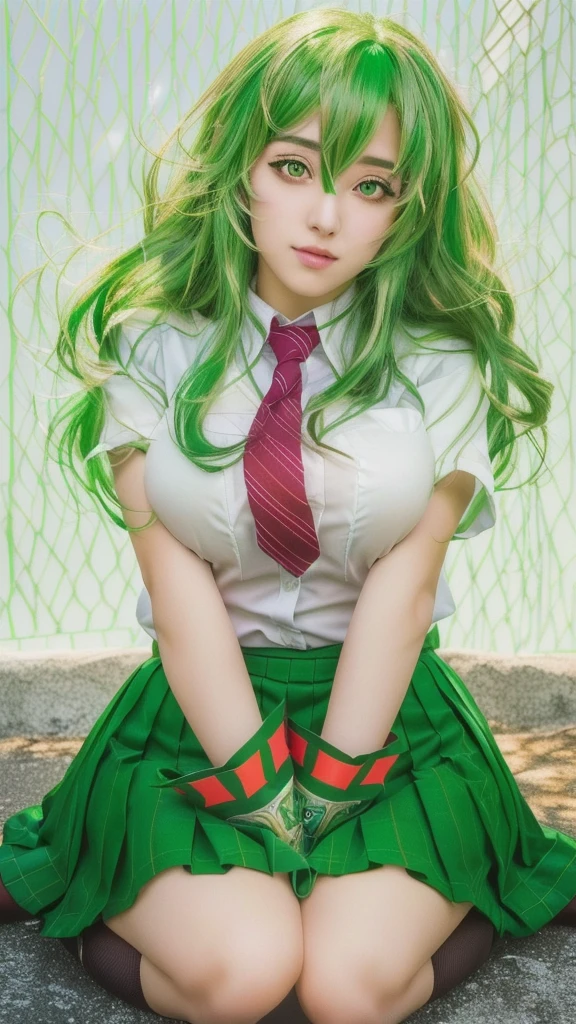 Arabian woman with green hair and red tie sitting on the ground, hyperRealistic school girl, a hyperRealistic school girl, Anime Girl Cosplay, Realistic school girl, Beautiful anime school girl, rei hiroe, Realistic young anime girl, Beautiful and attractive anime , Photorealistic Animation, Enchanting anime girl, Higurashi, Real life anime girls