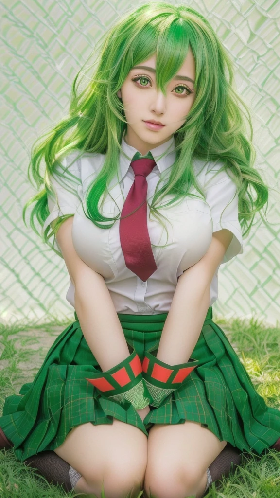 Arabian woman with green hair and red tie sitting on the ground, hyperRealistic school girl, a hyperRealistic school girl, Anime Girl Cosplay, Realistic school girl, Beautiful anime school girl, rei hiroe, Realistic young anime girl, Beautiful and attractive anime teen, Photorealistic Animation, Enchanting anime girl, Higurashi, Real life anime girls