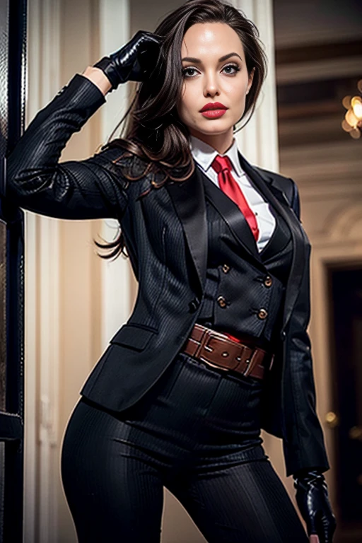 Upper body close up shot,Angelina Jolie(Hit woman Assassin), 1girl, makeup, silky hair, fully clothed, skirt suit, suit and tie, (((three-piece suit))), silk dress shirt, shirt and tie, necktie, ((blazer)), ((suit jacket)) ((waistcoat)), bodycon miniskirt, pantyhose, tights, stockings, ((red lipstick)), ((pinstripe suit)), high heels, belt, tie clip, pocket square, tailored suit, (((black gloves))),