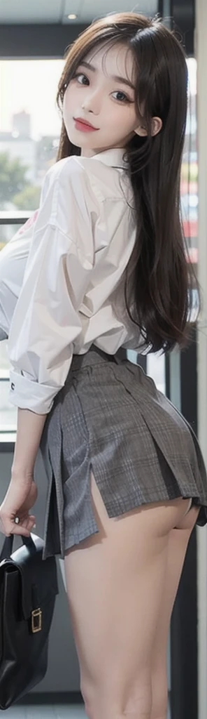 1 beautiful girl, Sad Japanese girl, Long Hair, 18-year-old, A beautiful face without blemishes, Rosy Face, Iris, Thin eyebrows, The most thorough makeup is the eyelashes, Pink lipstick, lips , Elegant smile, Her breasts are big and round, Narrow waist, Big Breasts, moderately large butt, Long legs, Reaches up to the waist、Wear a thin, semi-transparent white button-up shirt that reveals your underwear, She is wearing a grey plaid pleated mini skirt., high school student, Black Loafers, Thighs, Long Hair, Visible body curves, Straightly stretched hair, One afternoon, The sun goes down, The sky is orange, Sunny sunset background image, Quality Best image quality, 8K quality, Real Girls, artwork, whole body