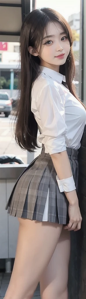 1 beautiful girl, Sad Japanese girl, Long Hair, 18-year-old, A beautiful face without blemishes, Rosy Face, Iris, Thin eyebrows, The most thorough makeup is the eyelashes, Pink lipstick, lips , Elegant smile, Her breasts are big and round, Narrow waist, Big Breasts, moderately large butt, Long legs, Reaches up to the waist、Wear a thin, semi-transparent white button-up shirt that reveals your underwear, She is wearing a grey plaid pleated mini skirt., high school student, Black Loafers, Thighs, Long Hair, Visible body curves, Straightly stretched hair, One afternoon, The sun goes down, The sky is orange, Sunny sunset background image, Quality Best image quality, 8K quality, Real Girls, artwork, whole body