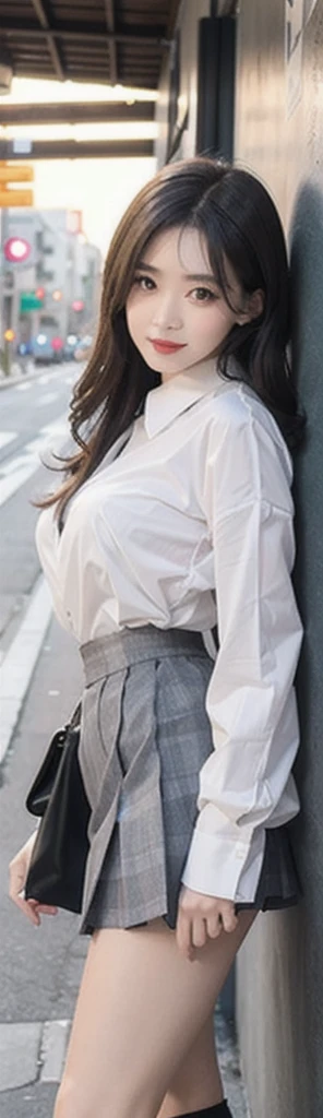 1 beautiful girl, Sad Japanese girl, Long Hair, 18-year-old, A beautiful face without blemishes, Rosy Face, Iris, Thin eyebrows, The most thorough makeup is the eyelashes, Pink lipstick, lips , Elegant smile, Her breasts are big and round, Narrow waist, Big Breasts, moderately large butt, Long legs, Reaches up to the waist、Wear a thin, semi-transparent white button-up shirt that reveals your underwear, She is wearing a grey plaid pleated mini skirt., high school student, Black Loafers, Thighs, Long Hair, Visible body curves, Straightly stretched hair, One afternoon, The sun goes down, The sky is orange, Sunny sunset background image, Quality Best image quality, 8K quality, Real Girls, artwork, whole body