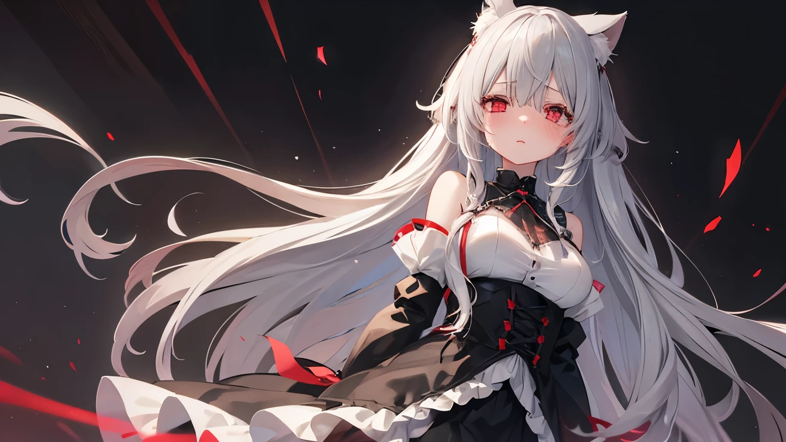 One Girl、Gray Hair、Long Hair、Straight Hair、Red eyes、Embarrassed、blush、Big Breasts、valley、Black Background、Yandere、Insanity、Composition from below、Palpitate、blouse
