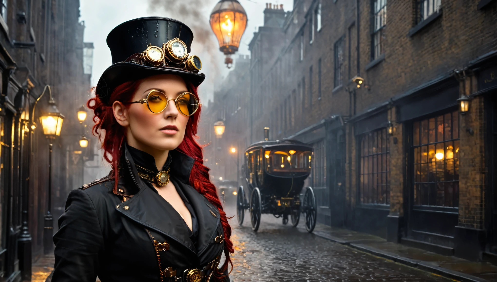 London street in the late 1800s, but with a steampunk twist. Think towering clockwork buildings with smokestacks puffing out steam, gaslight lamps casting an orange glow, and airships gliding silently overhead. Cobblestones slick with rain reflect the gaslight and bustling activity. Character: A beautiful woman with an air of confidence and purpose. Describe her distinct features and steampunk attire. Here are some options: Crimson hair cascading down her shoulders, adorned with gears and a miniature brass monocle perched on one eye. Dressed in a long, flowing coat of worn leather, accented with polished brass buckles and intricate clockwork patterns woven into the fabric. Goggles rest on her forehead, and sturdy riding boots with built-in steam pistons propel her bicycle