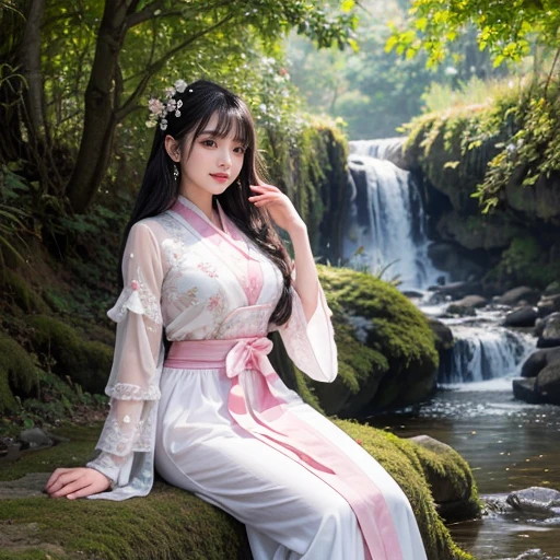 best quality, Delicate face,beautiful visual work, lifelike, eternity, black hair, Long curly hair, blunt bangs, Smile, Detailed Background, Delicate face,blush,cold,((masterpiece))、(top quality)、8k、high detail、Super detailed,21 years old female,身穿唐制Hanfu、waist skirt, Clothes are light and fluffy,Hanfu, wide sleeves, Transparent sleeves, Tunic, Clothes made of chiffon, Seductive and whimsical style、masterpiece、born、Scenes resembling fairy tale illustrations、intricate details和複雜的設計、Beautifully、magic、capricious、 Beautifully、Dream aesthetics、「𝓡𝓸𝓶𝓪𝓷𝓽𝓲𝓬、ethereal、charming、fickle、magic」、realism、Visual effects、FXAA、SSAO、Shader、voiceless、ambient lighting、Tone mapping、High resolution、Ultra high quality、Million pixels、(8K resolution:1.10)、8k、8k以下、8K resolution、high detail、intricate details, (high quality:1.2、masterpiece:1.2、:1.21)、(21 years old female:1.21)、(興奮地Smile)、(被dream般的氛圍所包圍、Model diagram,full-body shot,Normal 2 feet,Put your hands behind you,The protrusion of the breast is visible when wearing clothes, Large Breasts, H cup chest, antiquity, Xian Xia, gauze clothes, Soft and fluttering, Fairy, dream, fantasy, light, Elegant, nature, Immortal, romantic, classical, ribbon, pink clothes, By the stream