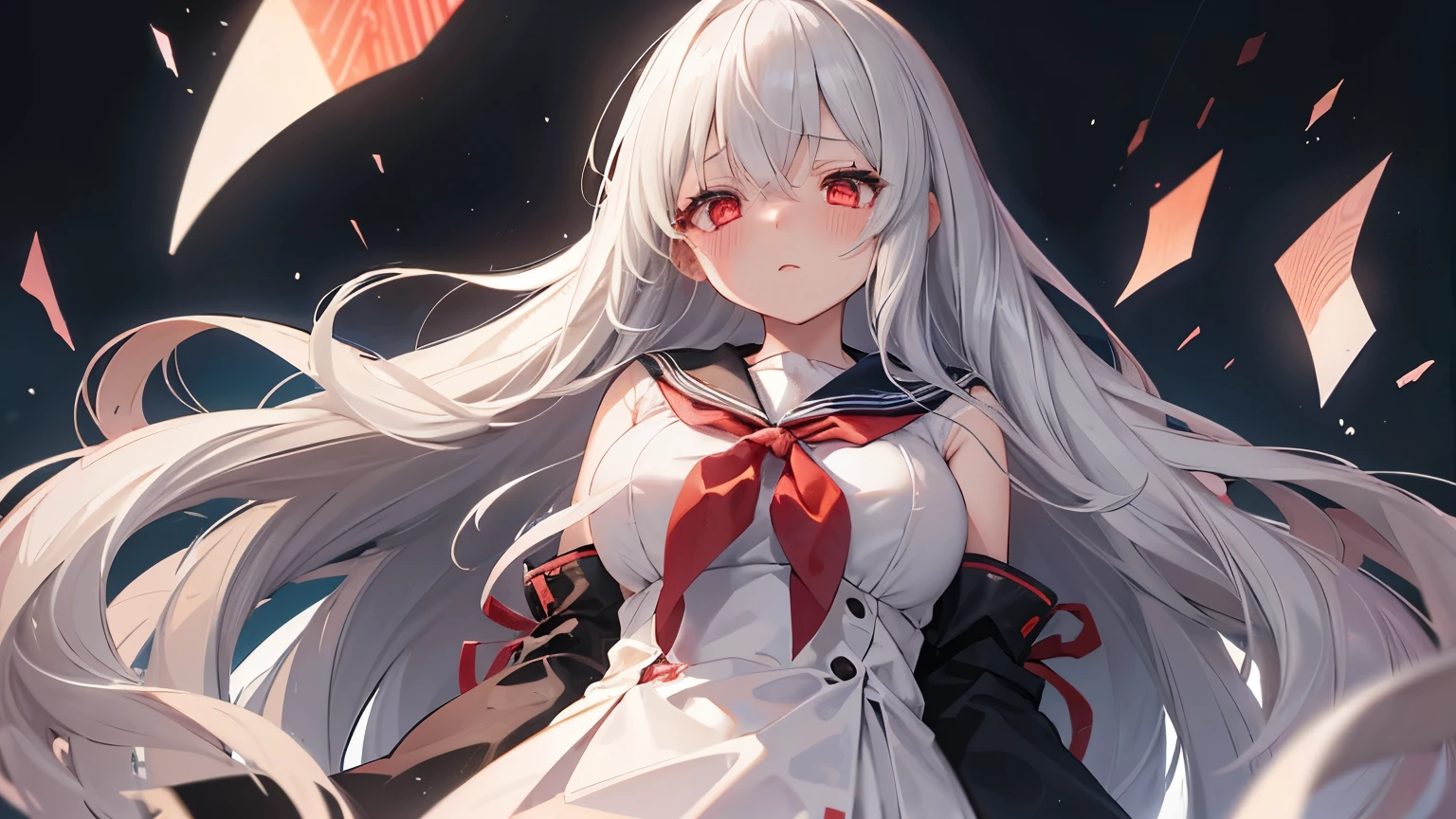 One Girl、Gray Hair、Long Hair、Straight Hair、Red eyes、Embarrassed、blush、Big Breasts、valley、Black Background、Yandere、Insanity、Composition from below、Sailor suit、Palpitate