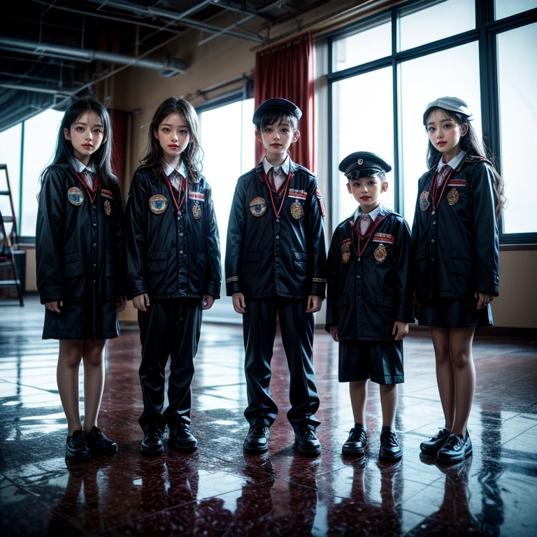 SFW,  ExtremelyDetailed (((Air crew Kids group in Kidzania))), perfect face, Reflective Eyes, Detailed(Delicate Clothing textures), Corrected Leg to Foot Line, ((Specular Reflection:1.32)), TopQuality 8K Ultra-detailed masterpiece (ProfessionalPhoto:1.37)(Acutance:0.8),(Luminism)