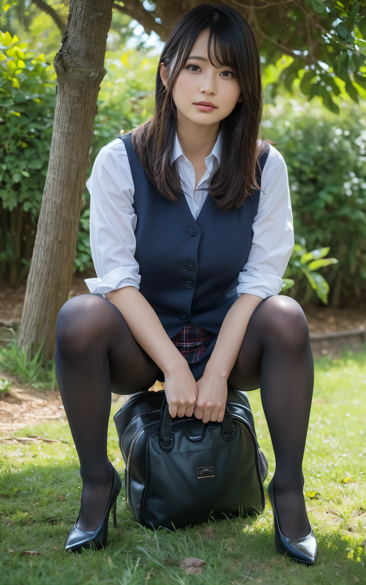 Ulchan-6500-v1.1, (RAW photo:1.2), (Photoreal), (genuine:1.4), 1milf, perfect anatomy, 48 years old, plump body:0.5, look at the viewer, medium long hair, vest, plaid skirt, ((sit on the grass and open legs:1.0)), (super realistic pantyhose:1.2), (high heels), (business services), under shade of tree