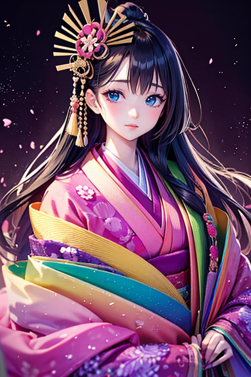(Highest quality、 8k 、masterpiece、High resolution)、Heian period、A beautiful young woman from the nobility、、(Straight hair、Long, beautiful black hair)，(12 Single layer kimono、Mainly light pink　Many colors　Vibrant colors　The beauty of layered colors)，背景はHeian periodの建物、Official Art、Detailed CG、