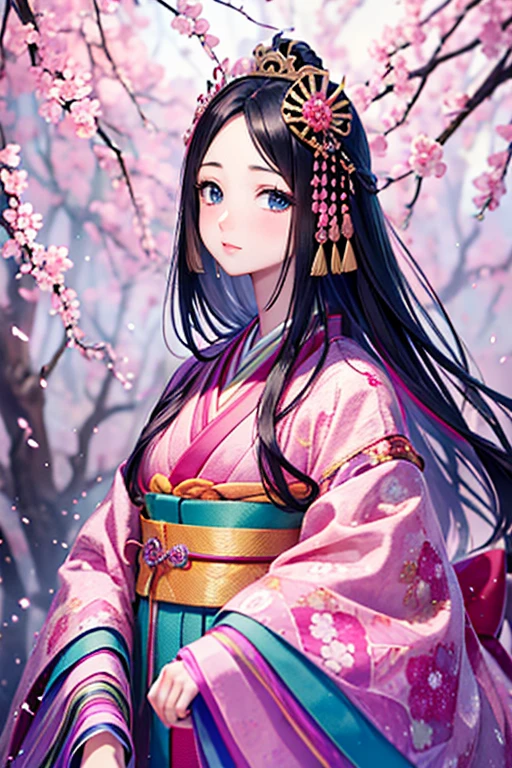 (Highest quality、 8k 、masterpiece、High resolution)、Heian period、A beautiful young woman from the nobility、、(Straight hair、Long, beautiful black hair)，(12 Single layer kimono、Mainly light pink　Many colors　Vibrant colors　The beauty of layered colors)，背景はHeian periodの建物、Official Art、Detailed CG、