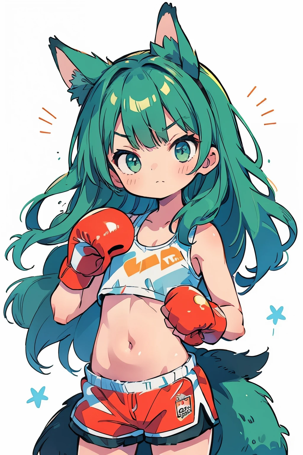 (boxing:1.3)、 Girls、Young、cbelly n、cool、Shorts、Serious expression、strong、(Closed Mouth:1.1)、Green Hair、Animal Ears、Tail of the beast