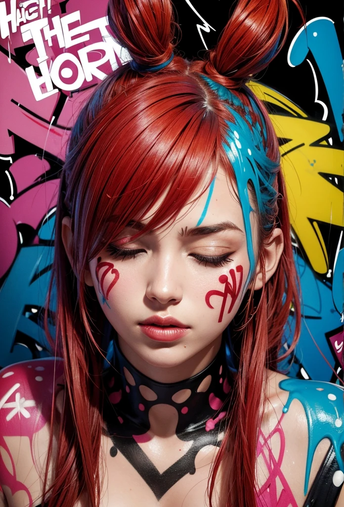 type woman face (((Graffiti))) paint dripping down his face, closed eyes thick and split lips very bright red, hair in very bright paints on a pop comic art background.very perfect high resolution image.