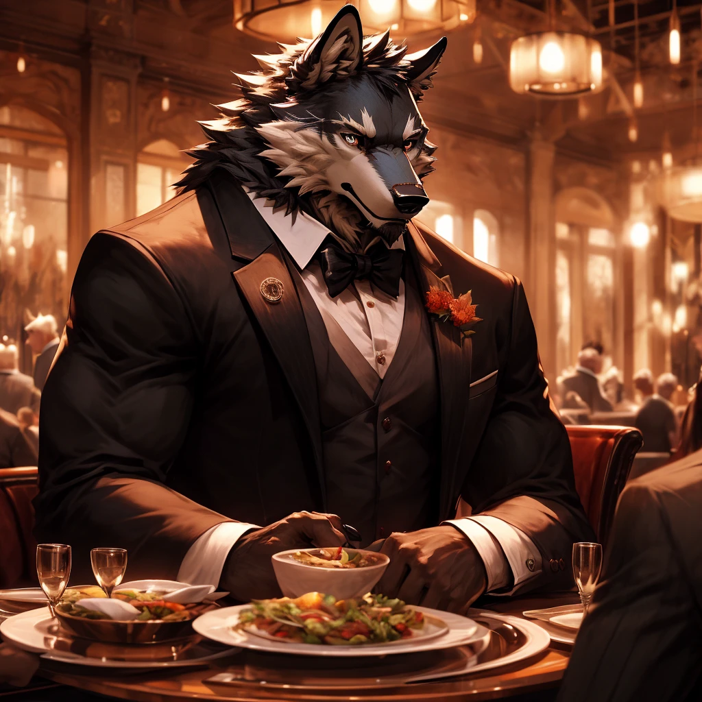 A high-end, clean dining hall with elegant seating and decor, a well-dressed, muscular waiter in a suit holding a menu, waiter, restaurant, hinterland, luxury, detailed, photorealistic, dramatic lighting, cinematic, 8k, best quality, masterpiece waiter wolf with a plate