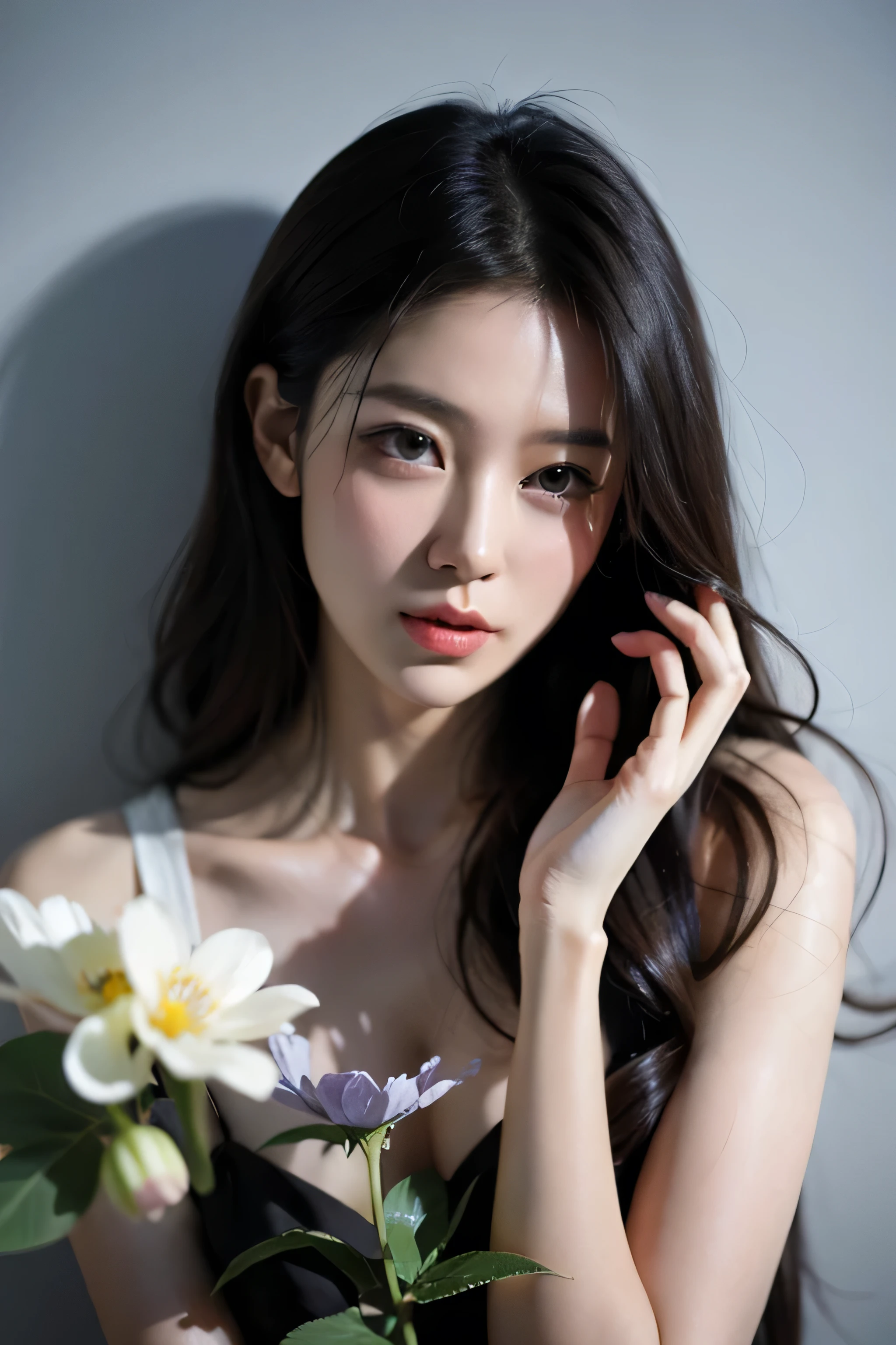 (oil:1.5), \\ A woman with long black hair and white flowers in her hair lies against a wall in a smoky blue flower field。, (Amy Sol:0.248), (Stanley Artjam Lau:0.106), (Detailed painting:0.353), (Gothic art:0.106),Apartment Wife、Lowering beauty