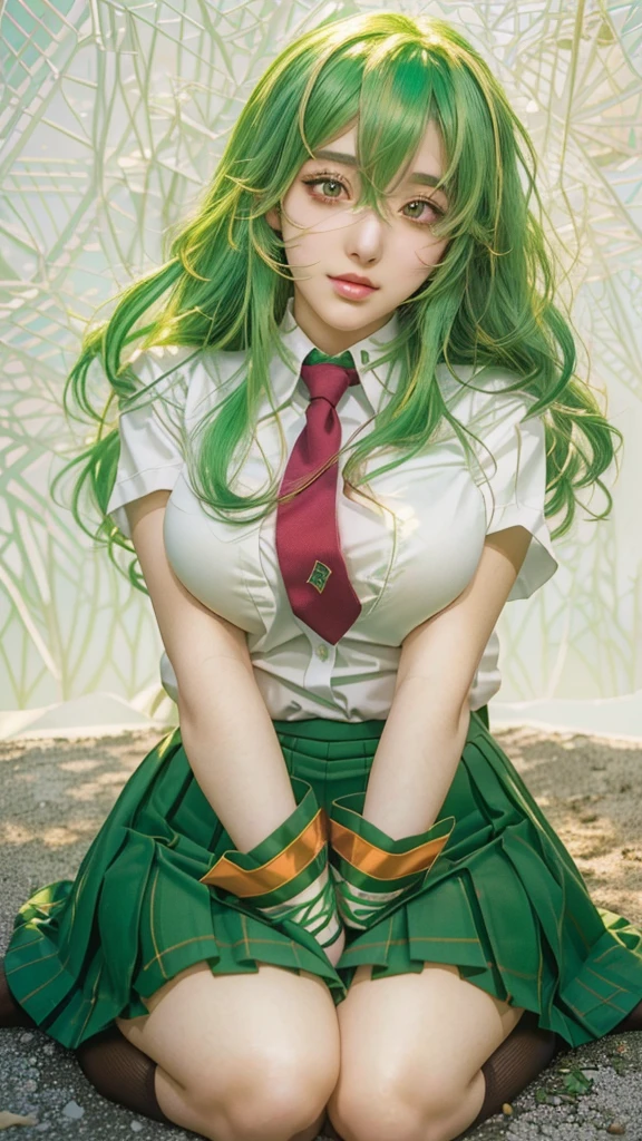 Arabian woman with green hair and red tie sitting on the ground, hyperRealistic school girl, a hyperRealistic school girl, Anime Girl Cosplay, Realistic school girl, Beautiful anime school girl, rei hiroe, Realistic young anime girl, Beautiful and attractive anime , Photorealistic Animation, Enchanting anime girl, Higurashi, Real life anime girls