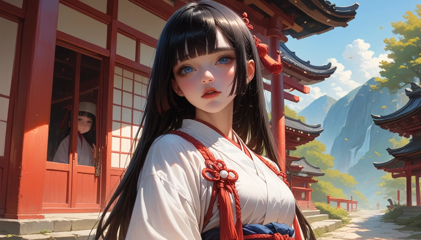 apanese miko clothing black hair hime cut detailed blue eyes at japanese temple shrine high quality