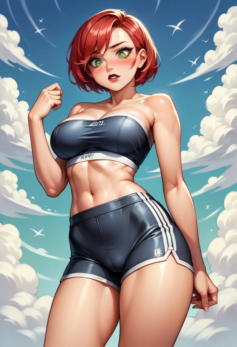 (high-level image quality), (high quality), (high resolution), (detailed), (masterpiece), beautiful woman, ((caucasian)), green eyes, red hair, short hair, dark red lipstick, busty, slender body, Detailed eyes, perfect eyes, Detailed face, strapless top, sports shorts, blushing, looking down, nsfw