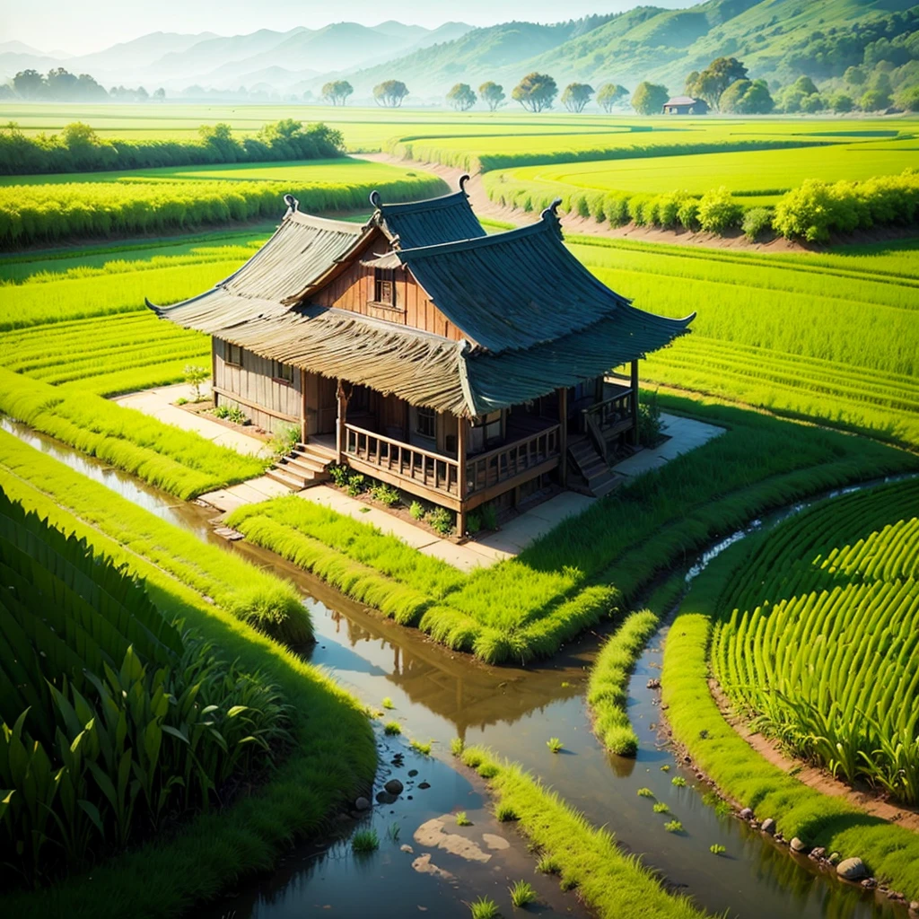 Watercolor Countryside Flower Sea 4k Rice Fields Relaxing Country Earthen House --auto