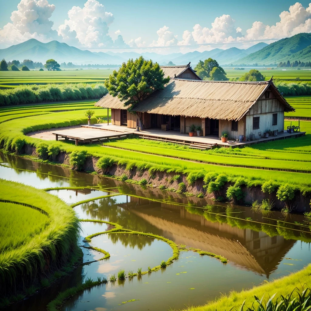 Watercolor Countryside Flower Sea 4k Rice Fields Relaxing Country Earthen House --auto
