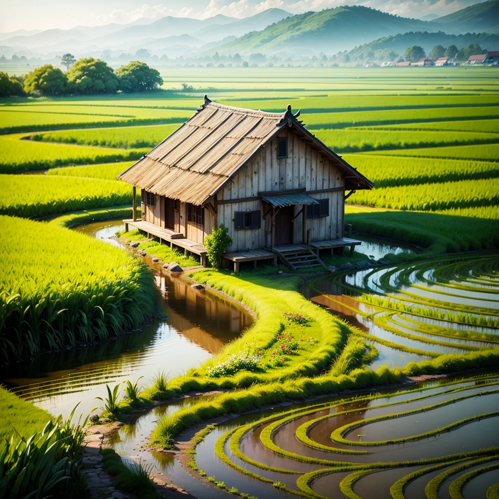 Watercolor Countryside Flower Sea 4k Rice Fields Relaxing Country Earthen House --auto