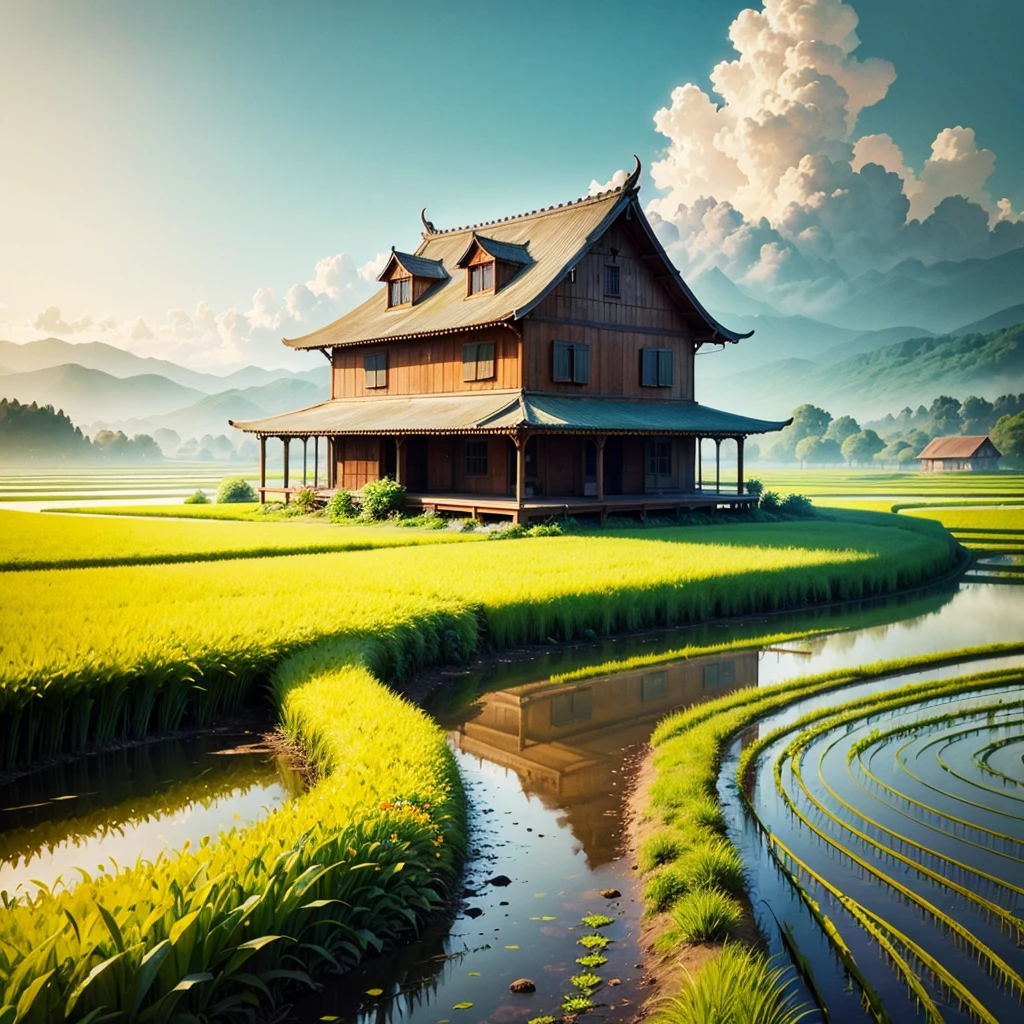 Watercolor Countryside Flower Sea 4k Rice Fields Relaxing Country Earthen House --auto